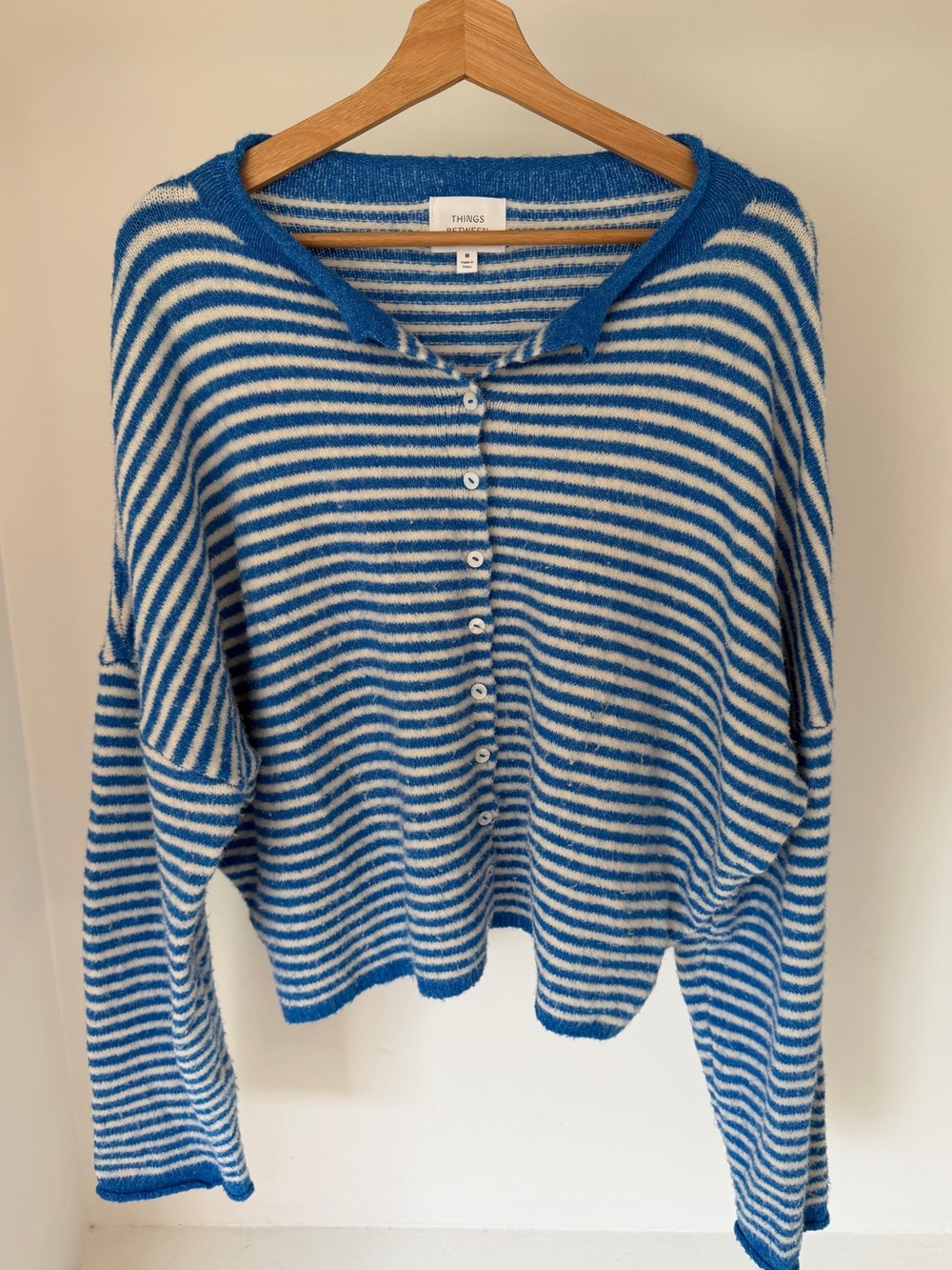 Things Between Striped Button-Up Cardigan in Blue and White Medium